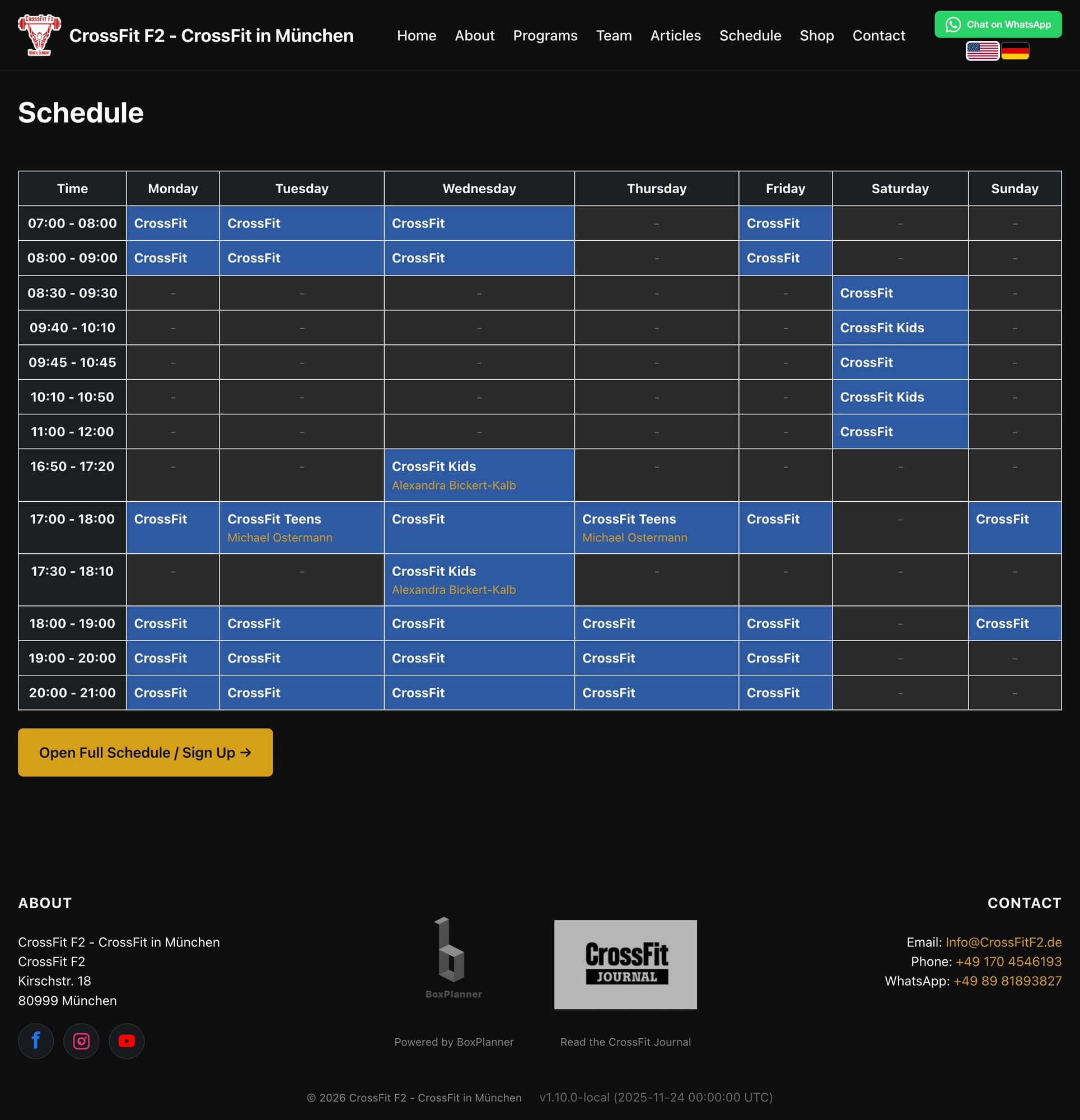 Weekly class schedule grid